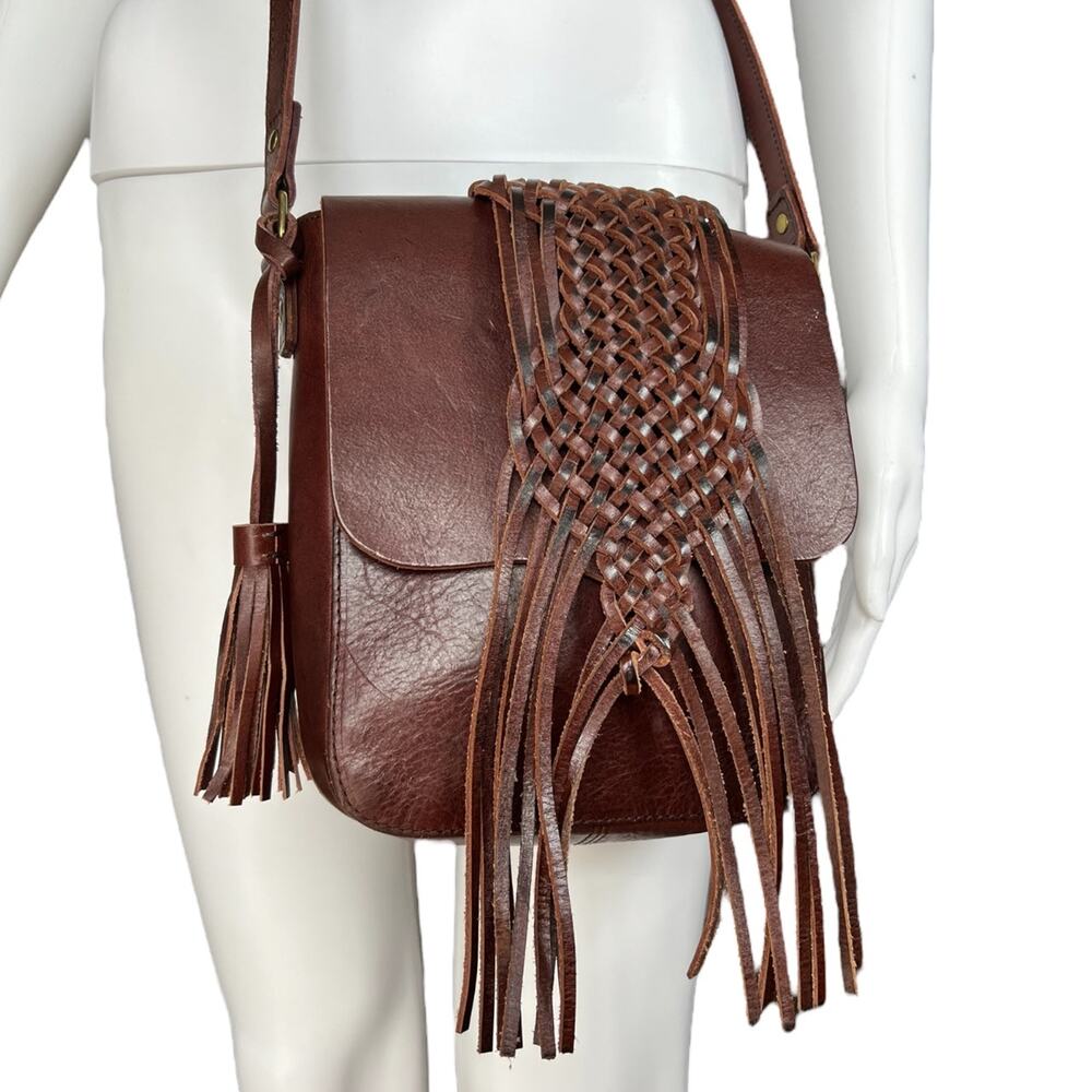 Y2K Lucky Brand Brown Leather Whipstitch Flap Fringe Crossbody Shoulder Bag Boho